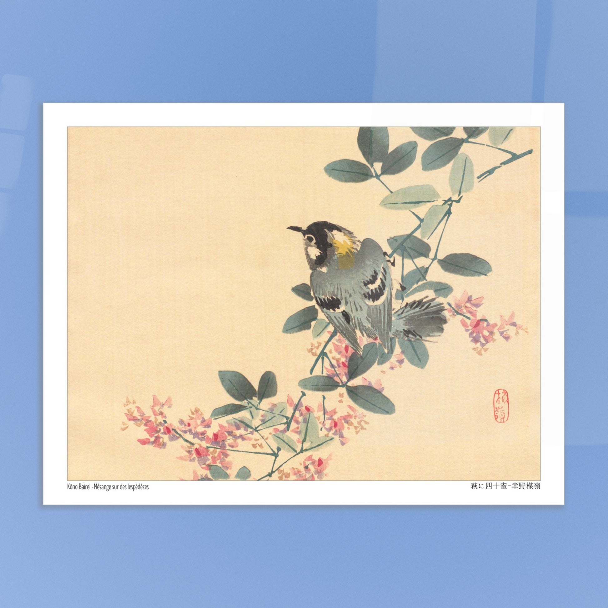 Estampe Japonaise d'une Mésange sur une Branche de Lespédèze par Kōno Bairei. Une estampe japonaise représentant une mésange perchée sur une branche fleurie de lespédèze. Image d'illustration 5