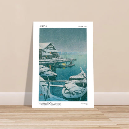Estampe japonaise Neige à Mukojima de Hasui Kawase. Estampe japonaise de Hasui Kawase, montrant des bateaux couverts de neige dans un port au crépuscule. Image d'illustration 8