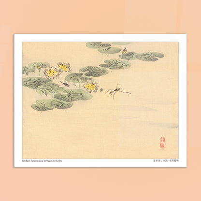 Estampe Japonaise de Nénuphars et Insectes par Kōno Bairei. Illustration naturaliste de Kōno Bairei représentant des nénuphars avec des fleurs jaunes et des insectes, sur fond beige. Image d'illustration 6