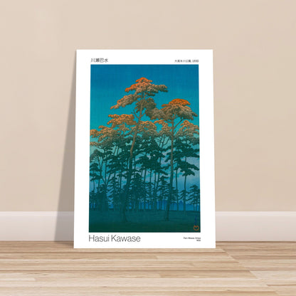 Estampe japonaise Parc Hikawa à Omiya par Hasui Kawase. Estampe japonaise de Hasui Kawase représentant des pins aux couleurs chaudes sous un ciel bleu. Image d'illustration 9