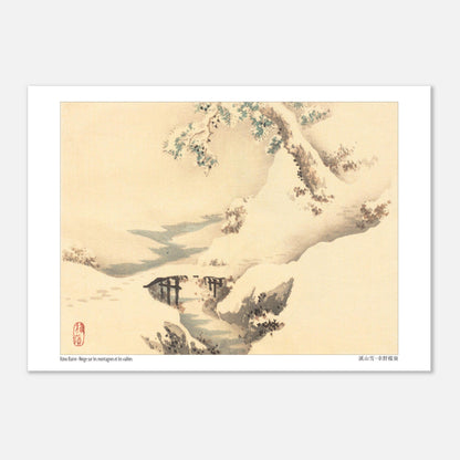 Paysage d'Hiver sous la Neige, Estampe Japonaise de Kōno Bairei (21x29,7 cm (A4)). Paysage hivernal japonais de Kōno Bairei, représentant des montagnes et des vallées enneigées sous un arbre couvert de neige, avec un pont en bois au centre.