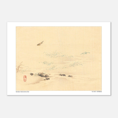 Paysage d'hiver japonais avec oiseaux, estampe de Kōno Bairei (29,7x42 cm (A3)). Un paysage d'hiver avec de l'herbe sèche près d'un plan d'eau glacé, et deux oiseaux volant dans le ciel, dans un style d'estampe japonaise.