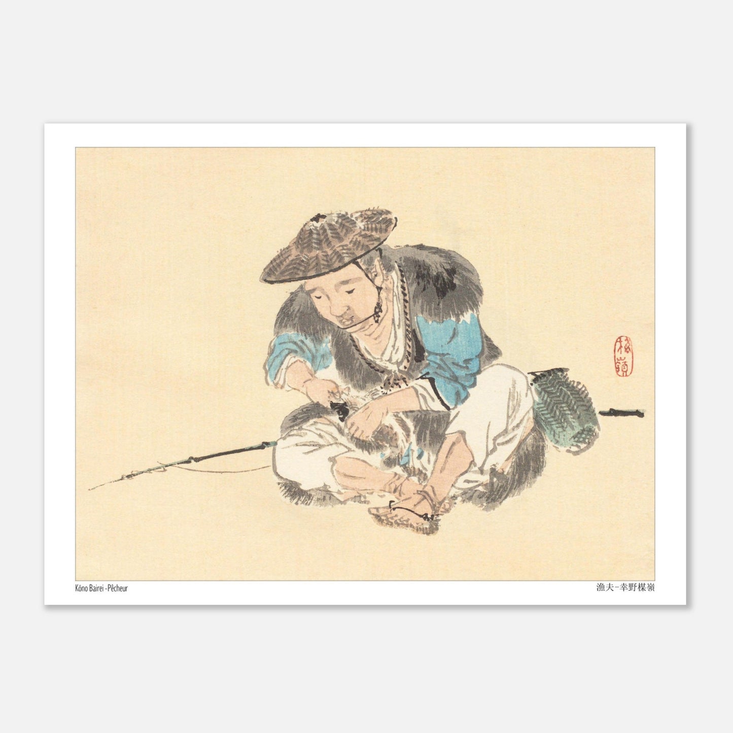 Estampe Japonaise d'un Pêcheur Assis par Kōno Bairei (15x20 cm). Une estampe japonaise montrant un pêcheur assis, portant un chapeau conique et tenant une canne à pêche.