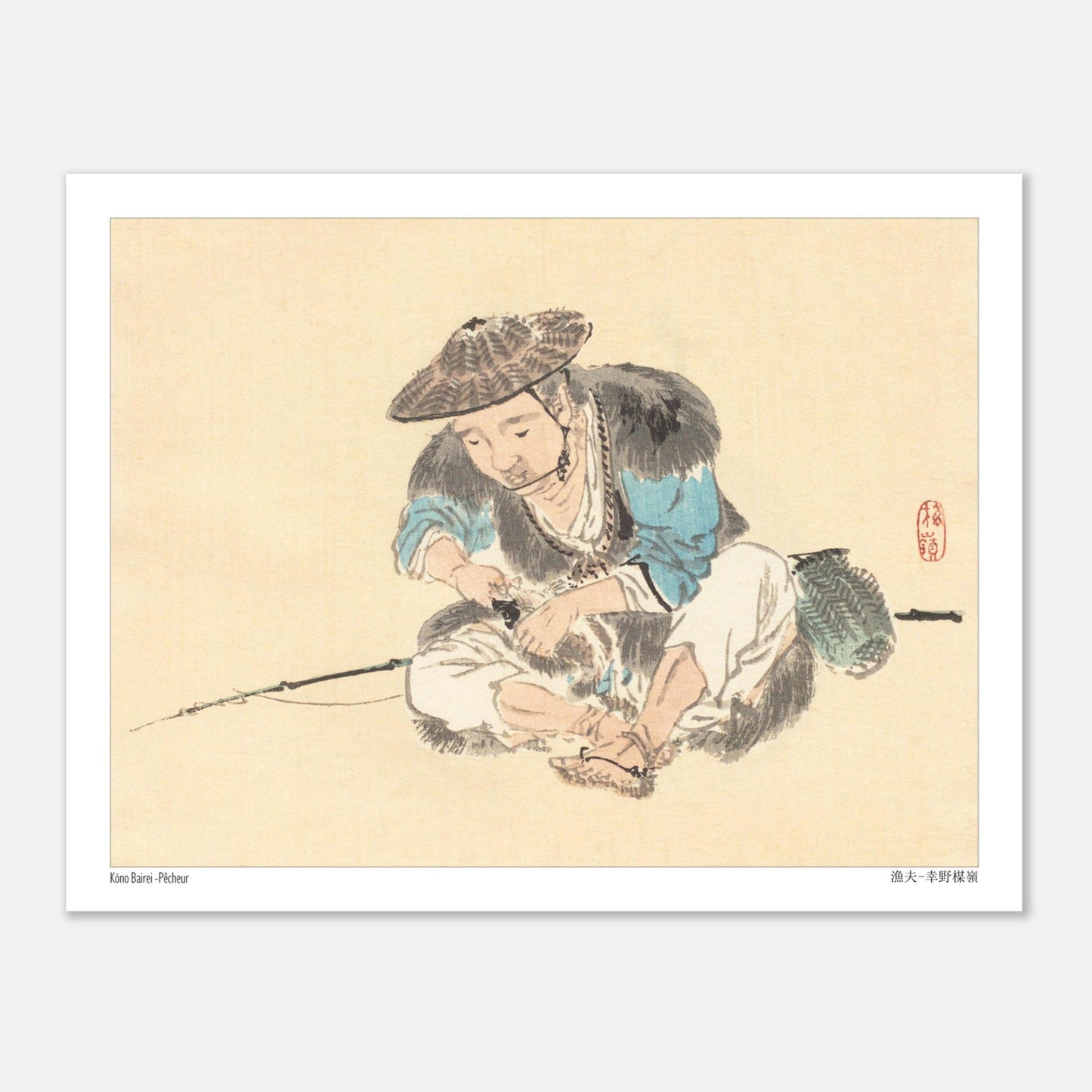 Estampe Japonaise d'un Pêcheur Assis par Kōno Bairei (27x35 cm). Une estampe japonaise montrant un pêcheur assis, portant un chapeau conique et tenant une canne à pêche.