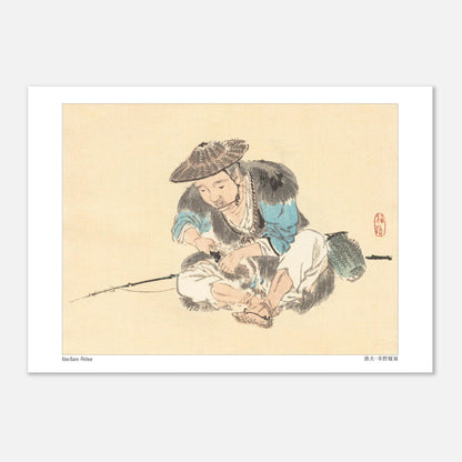 Estampe Japonaise d'un Pêcheur Assis par Kōno Bairei (29,7x42 cm (A3)). Une estampe japonaise montrant un pêcheur assis, portant un chapeau conique et tenant une canne à pêche.