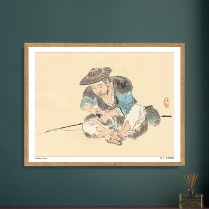 Estampe Japonaise d'un Pêcheur Assis par Kōno Bairei. Une estampe japonaise montrant un pêcheur assis, portant un chapeau conique et tenant une canne à pêche. Image d'illustration 5