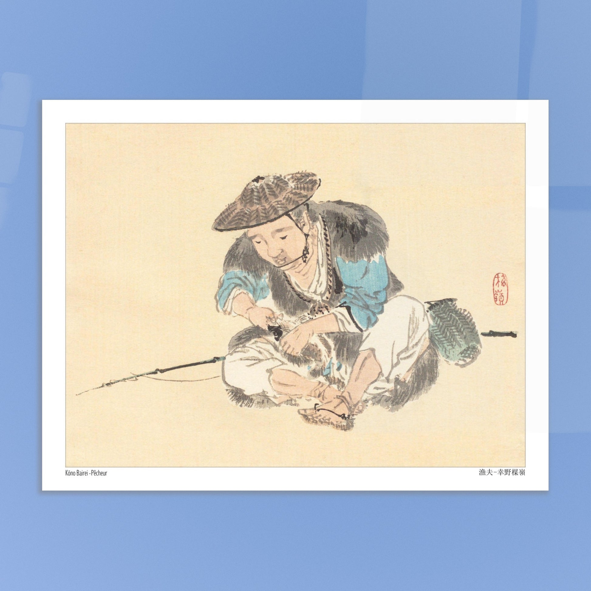 Estampe Japonaise d'un Pêcheur Assis par Kōno Bairei. Une estampe japonaise montrant un pêcheur assis, portant un chapeau conique et tenant une canne à pêche. Image d'illustration 6