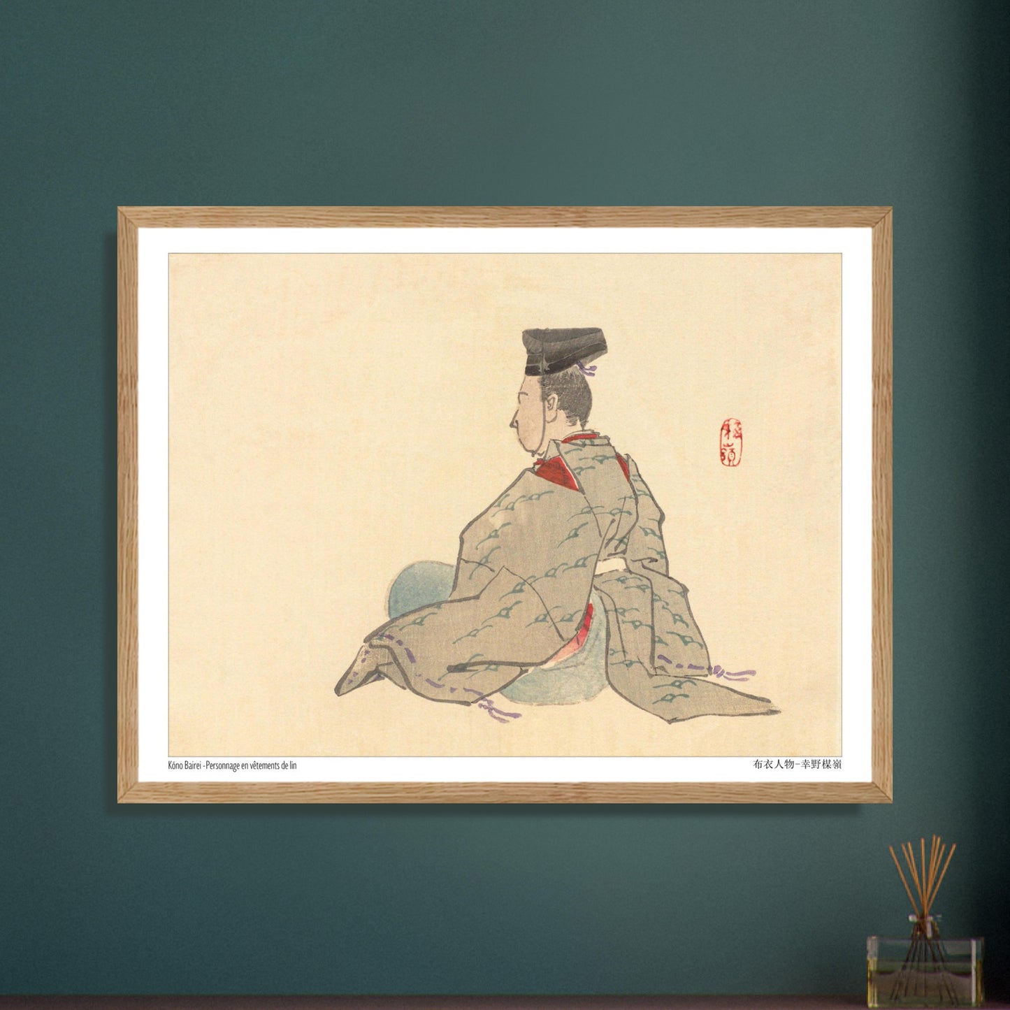Estampe japonaise d'un personnage en habit traditionnel par Kōno Bairei. Illustration japonaise de Kōno Bairei représentant un personnage masculin assis, vêtu d'un habit traditionnel gris orné de motifs bleus, sur fond beige. Image d'illustration 5