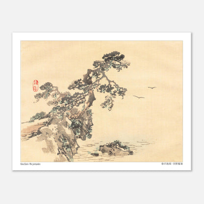 Estampe japonaise d'un pin sur un rocher par Kōno Bairei (27x35 cm). Estampe japonaise ancienne représentant un pin solitaire accroché à un rocher, avec deux oiseaux volant au loin.