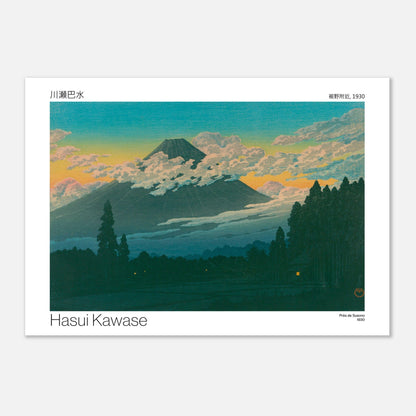 Estampe japonaise Près de Susono et Mont Fuji par Hasui Kawase (21x29,7 cm (A4)). Estampe japonaise de Hasui Kawase représentant des arbres sombres devant un ciel coloré au coucher du soleil avec le Mont Fuji.