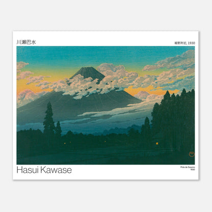 Estampe japonaise Près de Susono et Mont Fuji par Hasui Kawase (40x50 cm). Estampe japonaise de Hasui Kawase représentant des arbres sombres devant un ciel coloré au coucher du soleil avec le Mont Fuji.