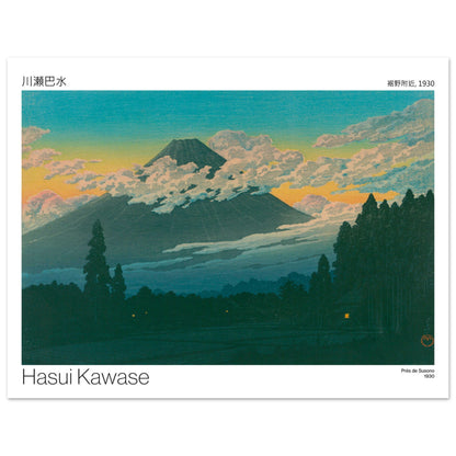 Estampe japonaise Près de Susono et Mont Fuji par Hasui Kawase. Estampe japonaise de Hasui Kawase représentant des arbres sombres devant un ciel coloré au coucher du soleil avec le Mont Fuji. Image d'illustration 7