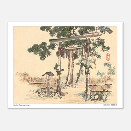 Estampe Japonaise d'un Sanctuaire au Printemps par Kōno Bairei (15x20 cm). Peinture japonaise représentant un torii (portail shinto) entouré d'arbres et de végétation, près d'un petit bâtiment.
