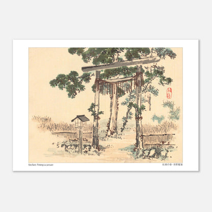 Estampe Japonaise d'un Sanctuaire au Printemps par Kōno Bairei (29,7x42 cm (A3)). Peinture japonaise représentant un torii (portail shinto) entouré d'arbres et de végétation, près d'un petit bâtiment.