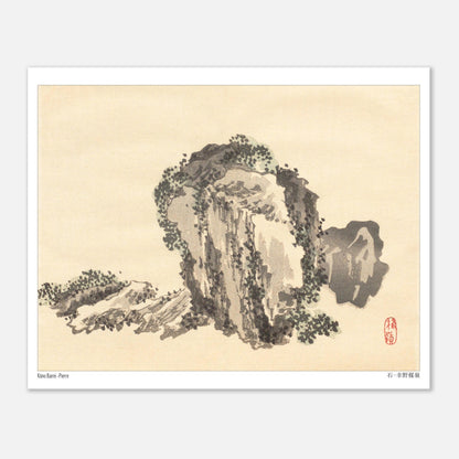 Estampe Japonaise d'une Formation Rocheuse par Kōno Bairei (20x25 cm). Estampe japonaise d'une formation rocheuse couverte de végétation, rendue avec des touches d'encre noire et grise, et un sceau rouge.