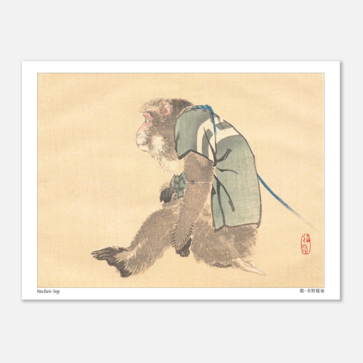 Estampe Japonaise d'un Singe en Costume par Kōno Bairei (15x20 cm). Estampe japonaise d'un singe portant un vêtement vert et bleu, avec un sceau rouge.