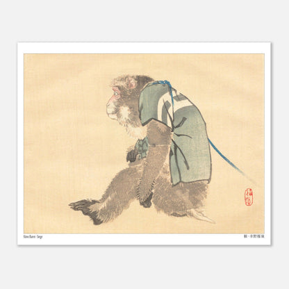 Estampe Japonaise d'un Singe en Costume par Kōno Bairei (20x25 cm). Estampe japonaise d'un singe portant un vêtement vert et bleu, avec un sceau rouge.