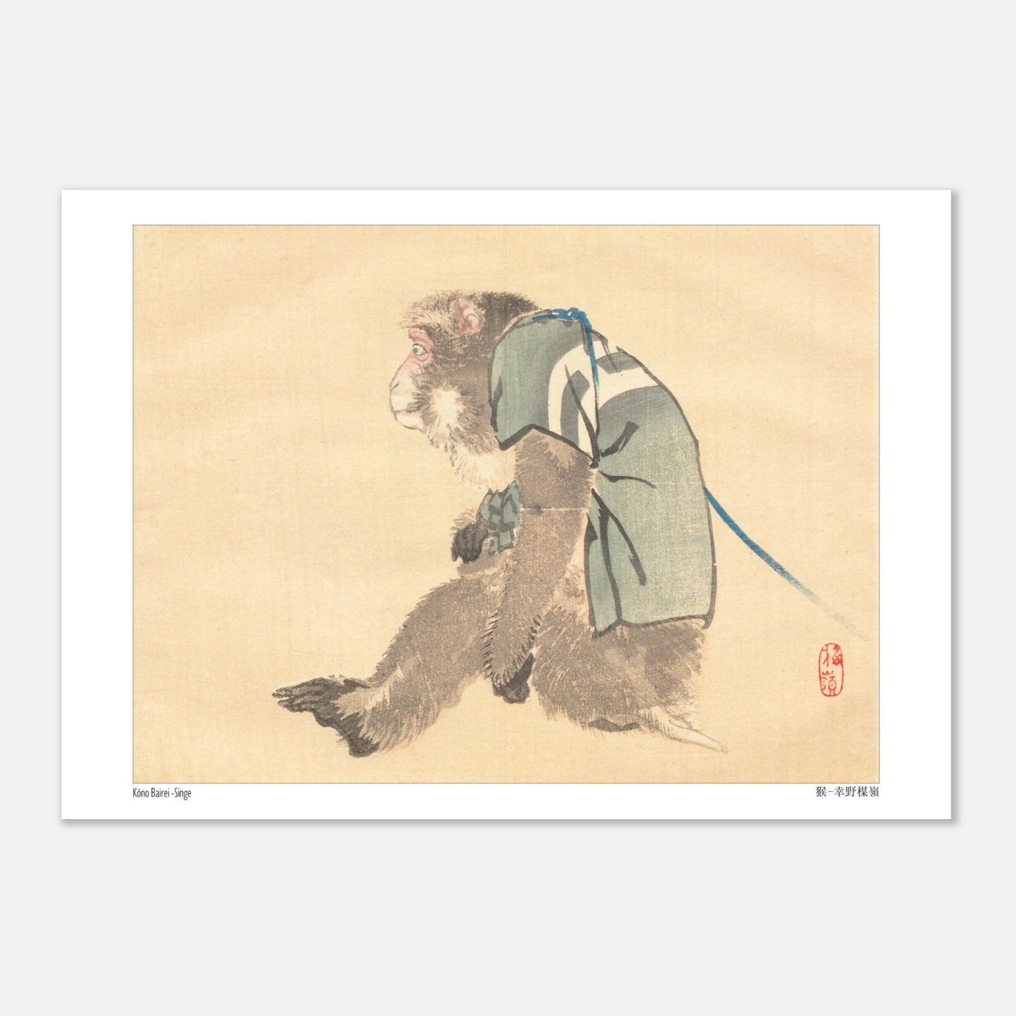 Estampe Japonaise d'un Singe en Costume par Kōno Bairei (21x29,7 cm (A4)). Estampe japonaise d'un singe portant un vêtement vert et bleu, avec un sceau rouge.