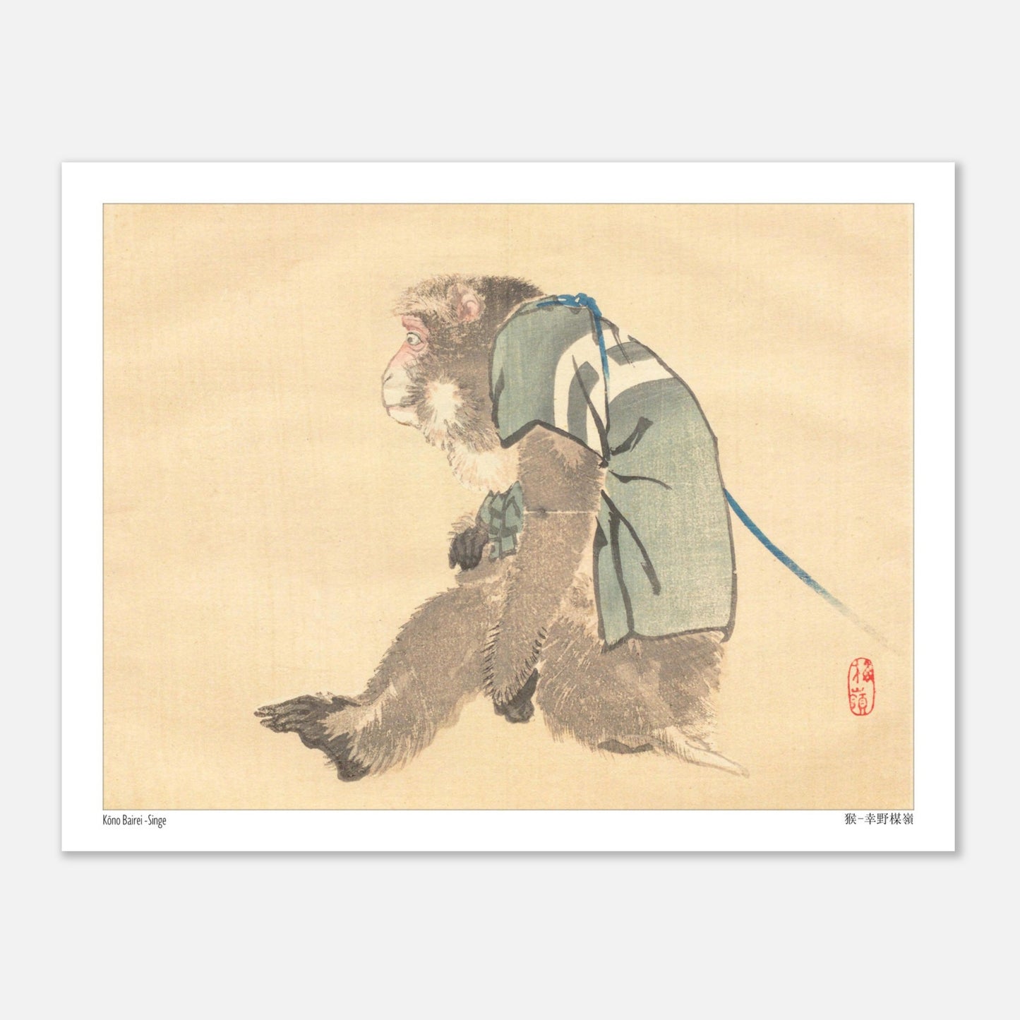 Estampe Japonaise d'un Singe en Costume par Kōno Bairei (27x35 cm). Estampe japonaise d'un singe portant un vêtement vert et bleu, avec un sceau rouge.