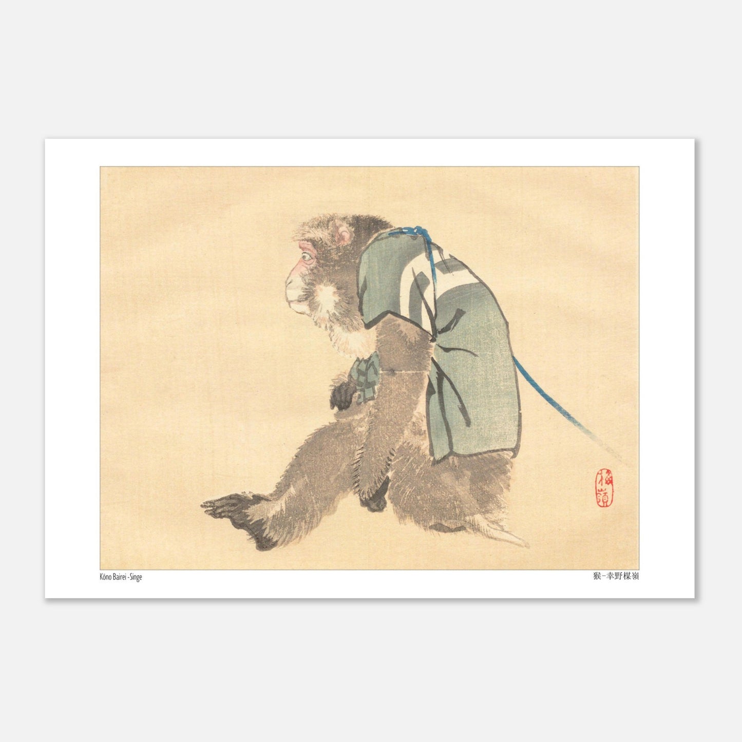 Estampe Japonaise d'un Singe en Costume par Kōno Bairei (29,7x42 cm (A3)). Estampe japonaise d'un singe portant un vêtement vert et bleu, avec un sceau rouge.