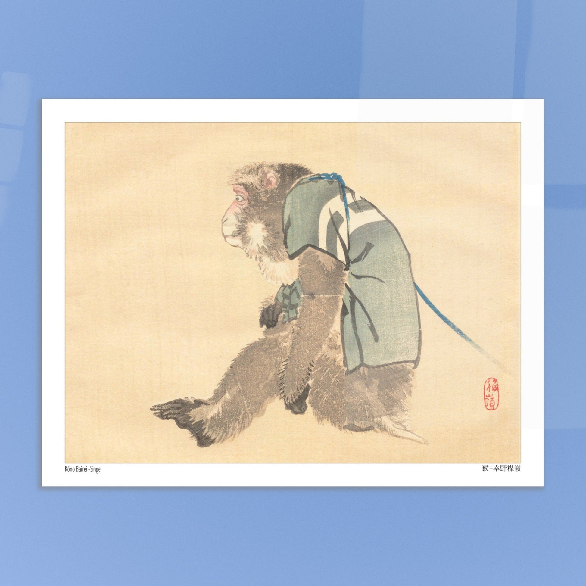 Estampe Japonaise d'un Singe en Costume par Kōno Bairei. Estampe japonaise d'un singe portant un vêtement vert et bleu, avec un sceau rouge. Image d'illustration 6
