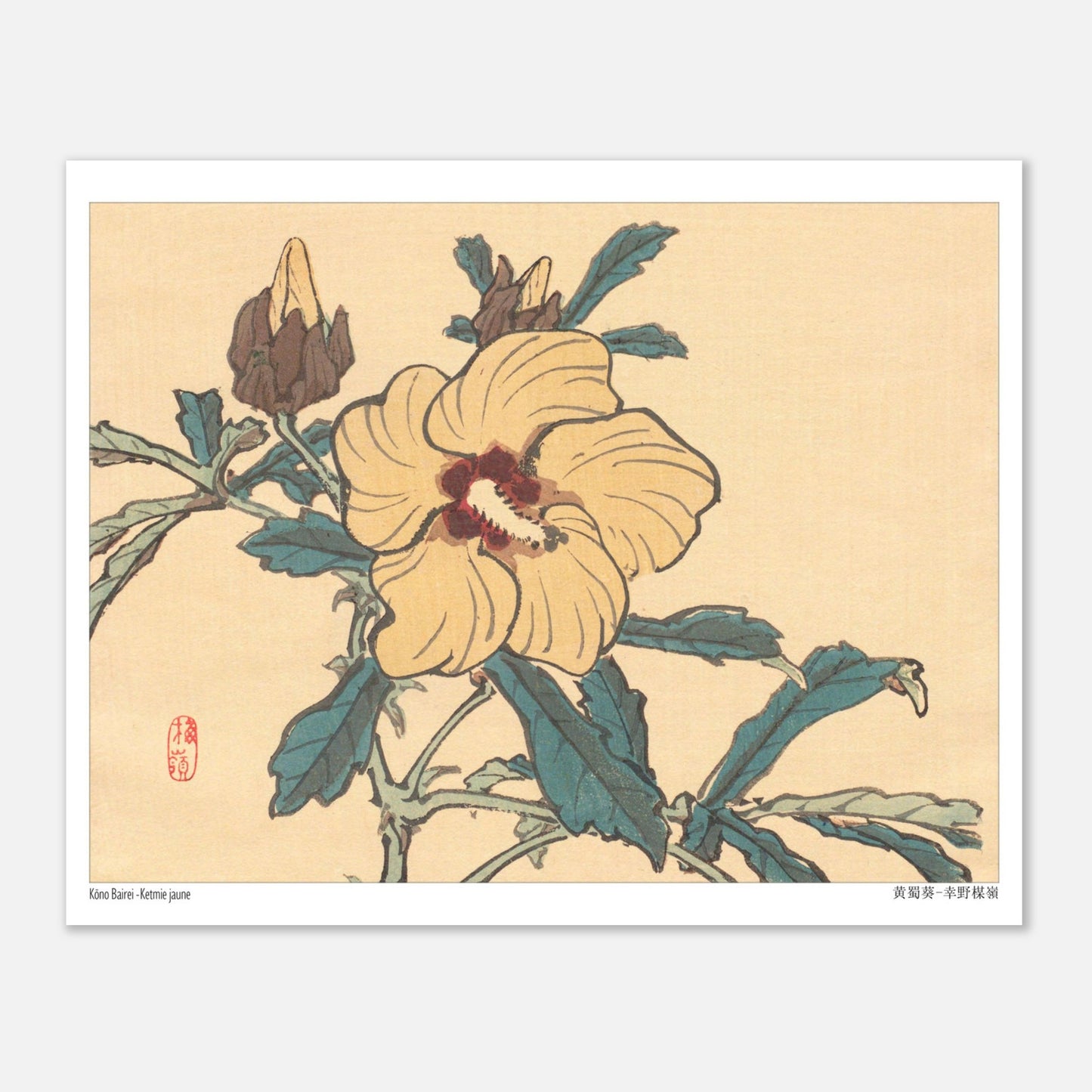 Estampe japonaise d'un tigre assis par Kōno Bairei (20x25 cm). Un tigre assis, regardant sur le côté, dans un style d'estampe japonaise réaliste.