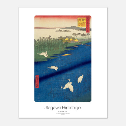 Estampe japonaise : Le transbordeur de Sakasai de Hiroshige (40x50 cm). Estampe japonaise représentant trois grues blanches dans un plan d'eau bordé de végétation, avec une ligne d'horizon lointaine.