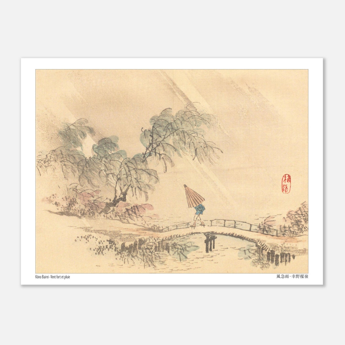 Vent fort et pluie, estampe ancienne de l'artiste japonais Kōno Bairei (15x20 cm). Une scène pluvieuse avec un personnage sous un parapluie traversant un pont, entouré d'arbres courbés par le vent, dans une estampe japonaise.