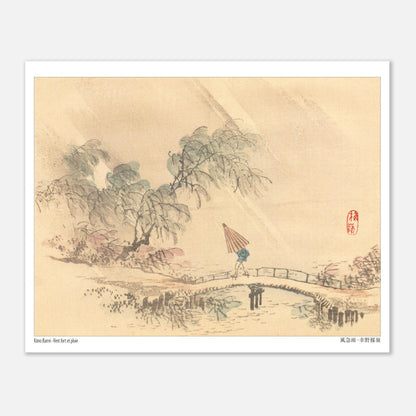 Vent fort et pluie, estampe ancienne de l'artiste japonais Kōno Bairei (20x25 cm). Une scène pluvieuse avec un personnage sous un parapluie traversant un pont, entouré d'arbres courbés par le vent, dans une estampe japonaise.