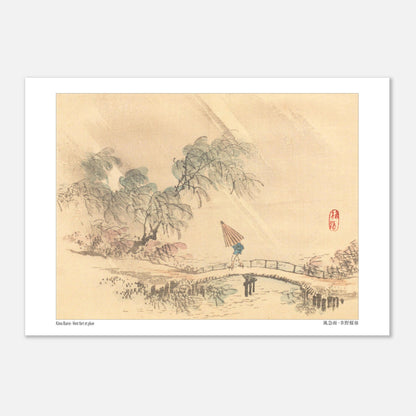 Vent fort et pluie, estampe ancienne de l'artiste japonais Kōno Bairei (29,7x42 cm (A3)). Une scène pluvieuse avec un personnage sous un parapluie traversant un pont, entouré d'arbres courbés par le vent, dans une estampe japonaise.