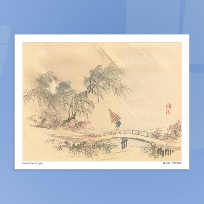 Vent fort et pluie, estampe ancienne de l'artiste japonais Kōno Bairei. Une scène pluvieuse avec un personnage sous un parapluie traversant un pont, entouré d'arbres courbés par le vent, dans une estampe japonaise. Image d'illustration 5