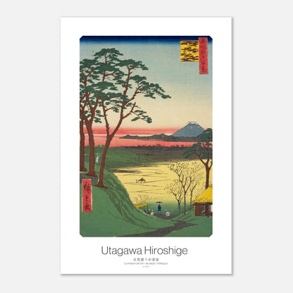 Estampe ancienne : La maison de thé « de pépé » à Meguro de Hiroshige (30x45 cm). Estampe ukiyo-e représentant un paysage pittoresque avec des pins, un volcan au loin, et une maisonnette, dans un style japonais ancien.