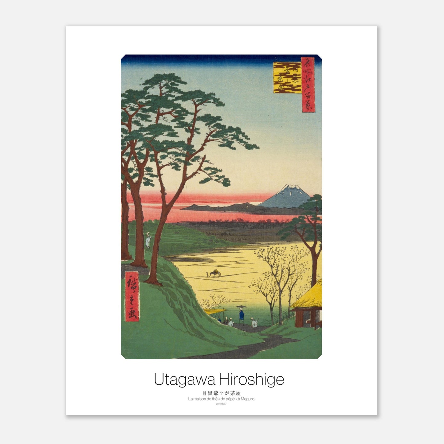 Estampe ancienne : La maison de thé « de pépé » à Meguro de Hiroshige (40x50 cm). Estampe ukiyo-e représentant un paysage pittoresque avec des pins, un volcan au loin, et une maisonnette, dans un style japonais ancien.