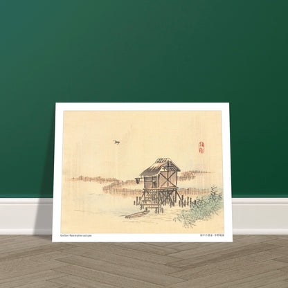 Estampe japonaise d'une maison de pêcheur sur pilotis par Kōno Bairei. Illustration d'une maison de pêcheur sur pilotis au bord de l'eau avec des filets et une barque, par Kōno Bairei. Image d'illustration 5