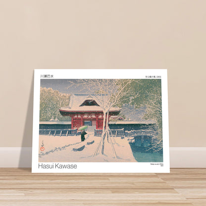 Estampe ancienne : Scène de neige au parc Shiba, par Hasui Kawase. Illustration d'une scène d'hiver enneigée avec un temple japonais et une personne tenant un parapluie, par Hasui Kawase. Image d'illustration 9
