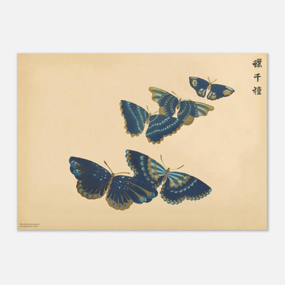Estampe de papillons bleus et dorés de Kamisaka Sekka (42x59,4 cm (A2)). Illustration de Kamisaka Sekka de plusieurs papillons bleus rehaussés de détails dorés, disposés en arc de cercle.