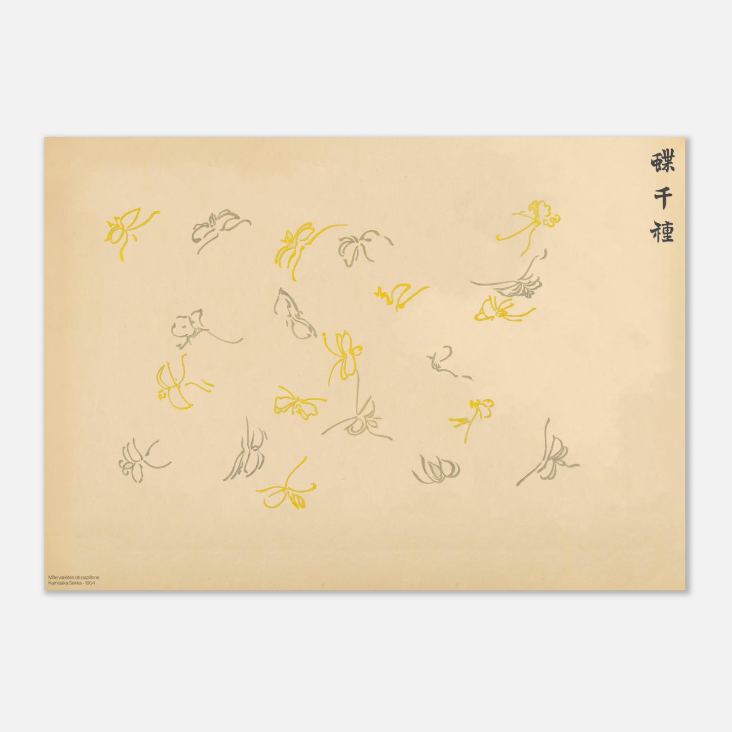 Estampe d'une volée de papillons jaune et gris - Kamisaka Sekka (29,7x42 cm (A3)). Gravure japonaise montrant une volée de papillons stylisés jaune et gris, certains en vol, sur un fond crème, par Kamisaka Sekka.