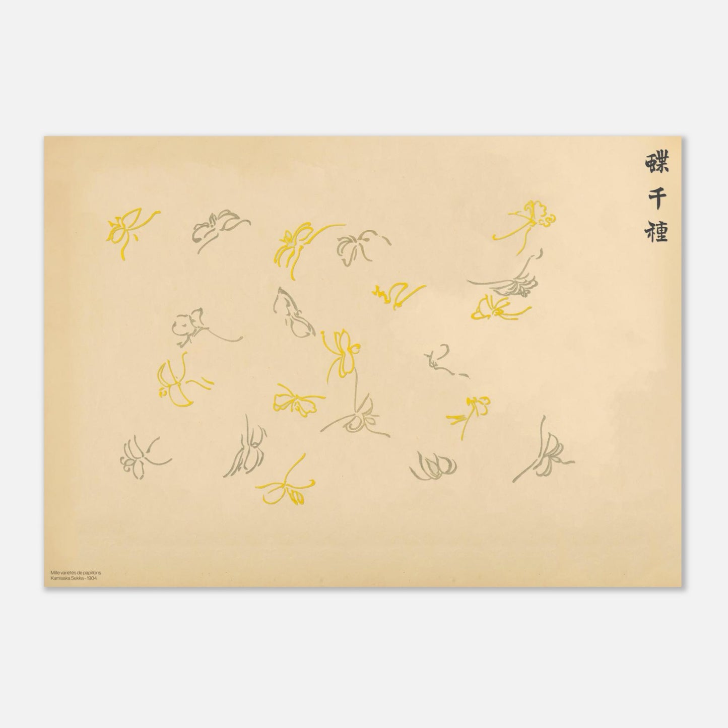 Estampe d'une volée de papillons jaune et gris - Kamisaka Sekka (42x59,4 cm (A2)). Gravure japonaise montrant une volée de papillons stylisés jaune et gris, certains en vol, sur un fond crème, par Kamisaka Sekka.