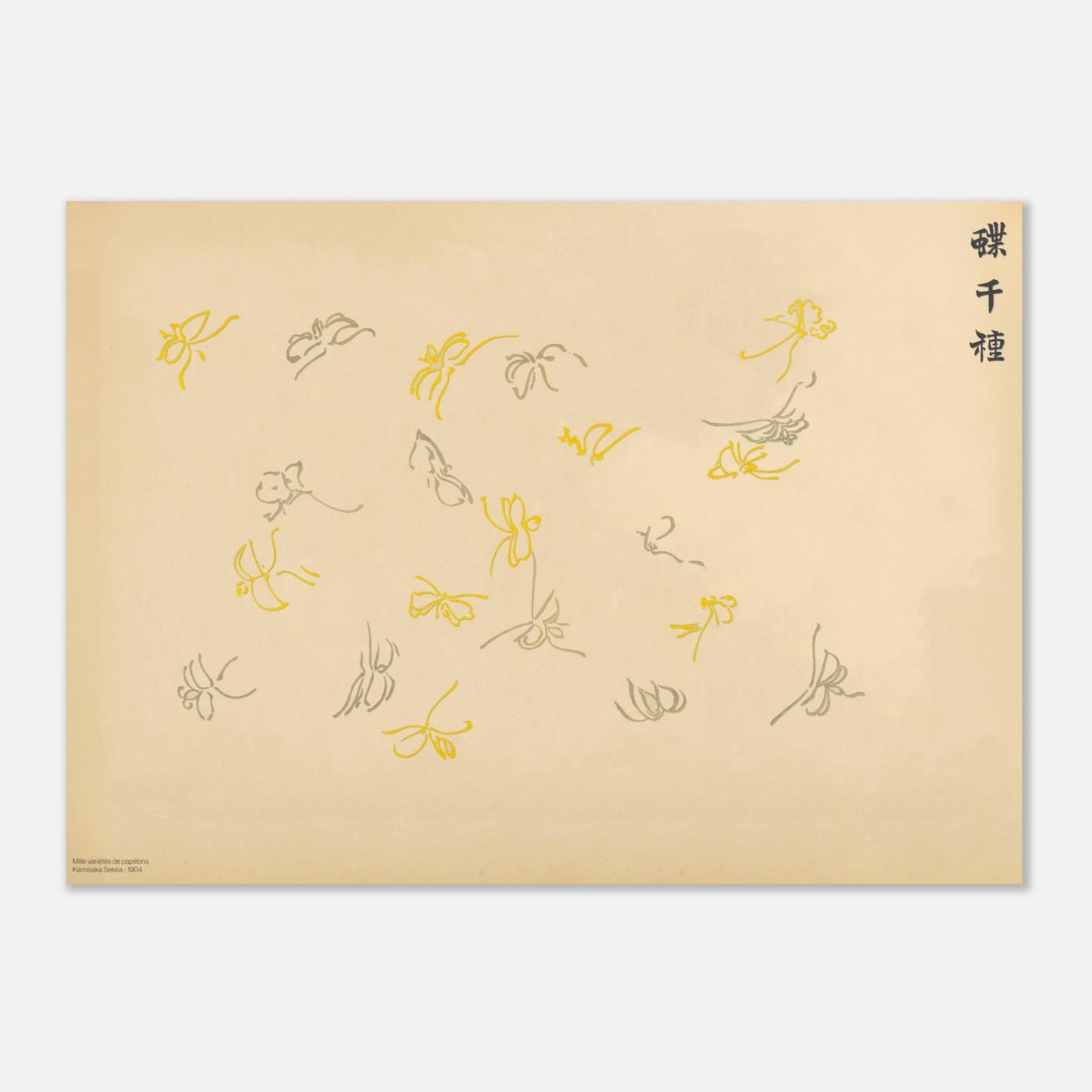 Estampe d'une volée de papillons jaune et gris - Kamisaka Sekka (50x70 cm). Gravure japonaise montrant une volée de papillons stylisés jaune et gris, certains en vol, sur un fond crème, par Kamisaka Sekka.