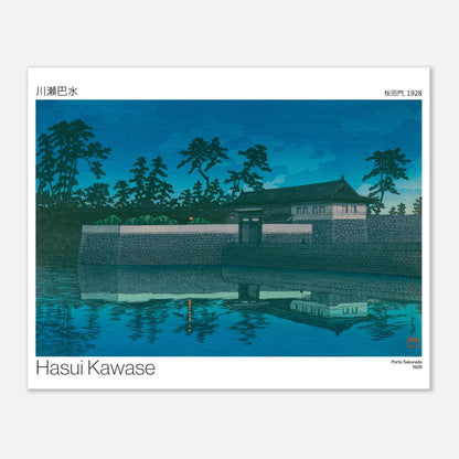 Estampe ancienne : Porte Sakurada au crépuscule, par Hasui Kawase (40x50 cm). Gravure japonaise représentant la porte Sakurada au crépuscule, avec un plan d'eau en premier plan reflétant le ciel bleu.