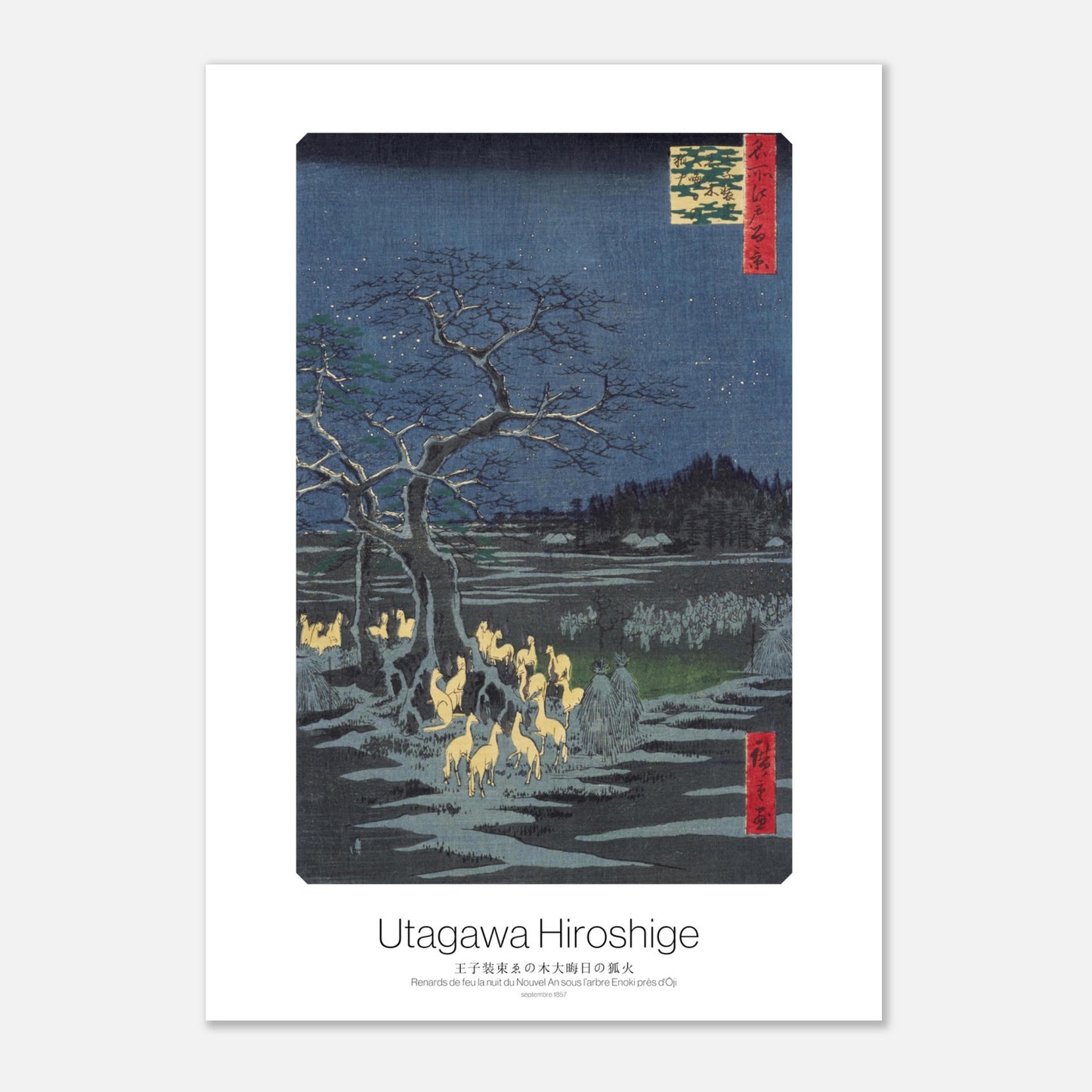 Planche ukiyo-e Renards de feu la nuit du Nouvel An, Hiroshige (29,7x42 cm (A3)). Une estampe japonaise ukiyo-e de Hiroshige représentant des renards dorés sous un arbre dénudé la nuit du Nouvel An, avec des étoiles dans le ciel et des congères de neige.