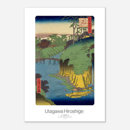 Estampe de la rivière Takino-gawa à Ōji par Utagawa Hiroshige (29,7x42 cm (A3)). Gravure ukiyo-e par Utagawa Hiroshige représentant la rivière Takino-gawa à Ōji, avec un pont en bois, des formations rocheuses, des arbres et une cascade.