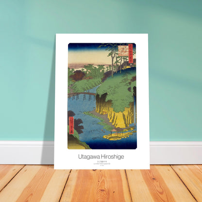 Estampe de la rivière Takino-gawa à Ōji par Utagawa Hiroshige. Gravure ukiyo-e par Utagawa Hiroshige représentant la rivière Takino-gawa à Ōji, avec un pont en bois, des formations rocheuses, des arbres et une cascade. Image d'illustration 4