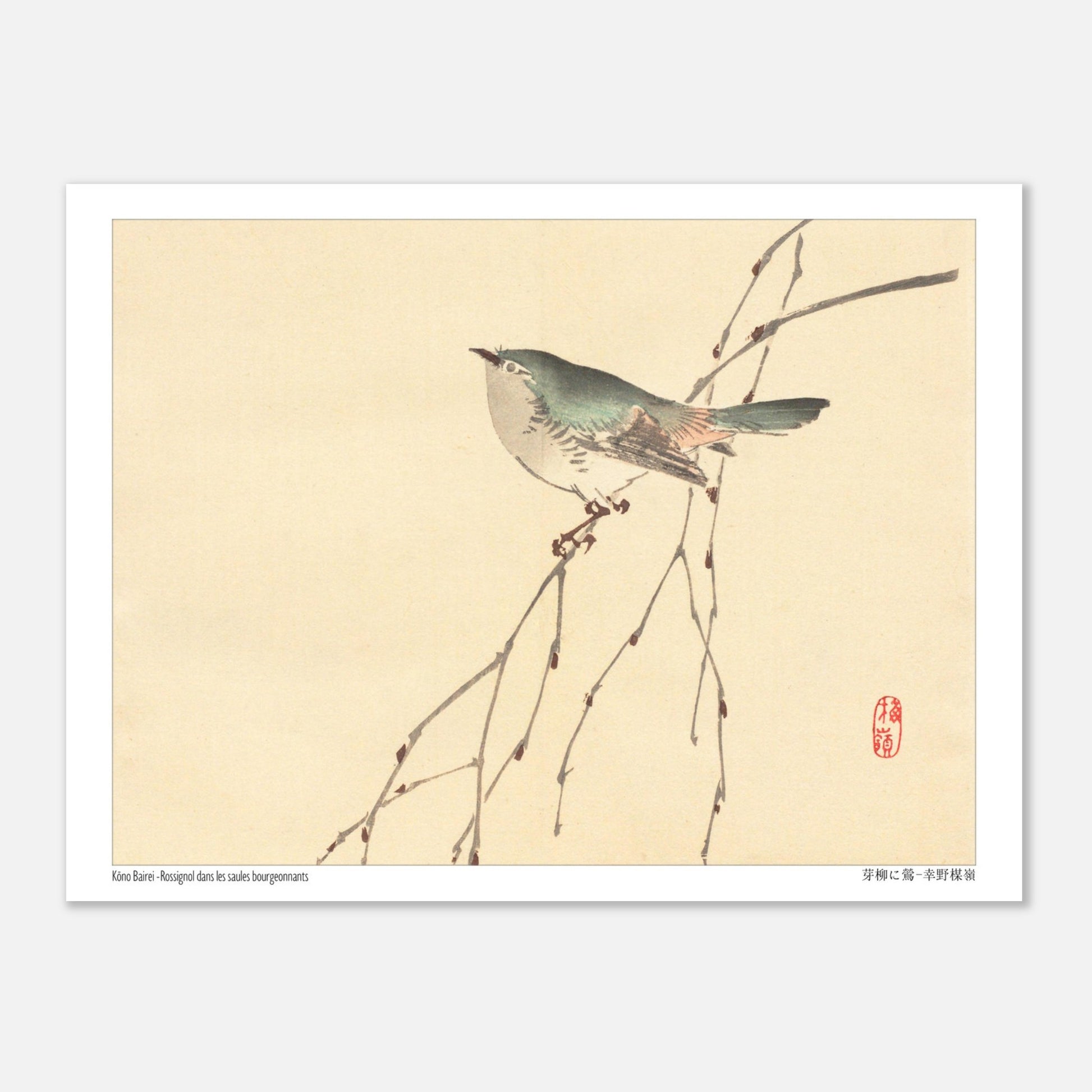 Rossignol dans les saules bourgeonnants, estampe de Kōno Bairei (15x20 cm). Illustration d'un petit oiseau gris et vert perché sur une branche fine aux bourgeons, sur fond beige.