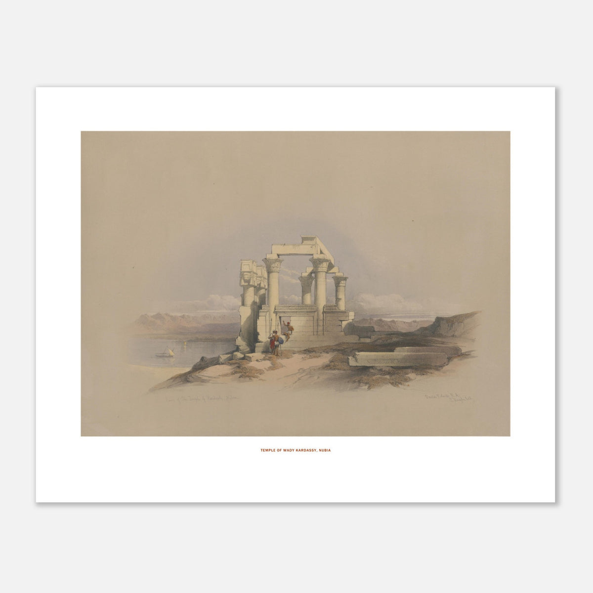 Estampe ancienne : Ruines du temple de Wadi Kardassy par David Roberts (40x50 cm). Lithographie de David Roberts représentant les ruines du temple de Wadi Kardassy en Nubie, avec des personnages devant les colonnades face au Nil.