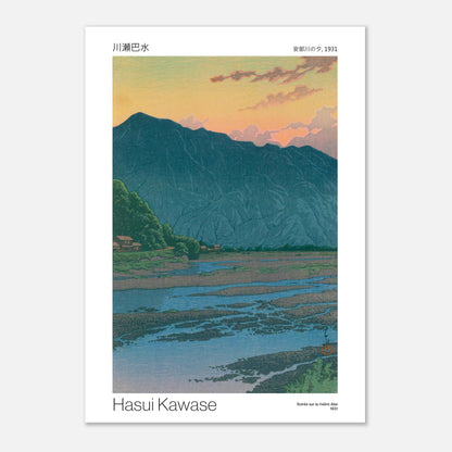 Illustration ancienne : Soirée sur la rivière Abe, par Hasui Kawase (29,7x42 cm (A3)). Paysage crépusculaire d'une rivière bordée de végétation avec une montagne en arrière-plan, par Hasui Kawase.