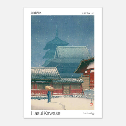 Estampe du Temple Tenno-ji sous la neige à Osaka par Hasui Kawase (21x29,7 cm (A4)). Une estampe japonaise de Hasui Kawase représentant le temple Tenno-ji à Osaka sous une chute de neige, avec une silhouette tenant un parapluie.