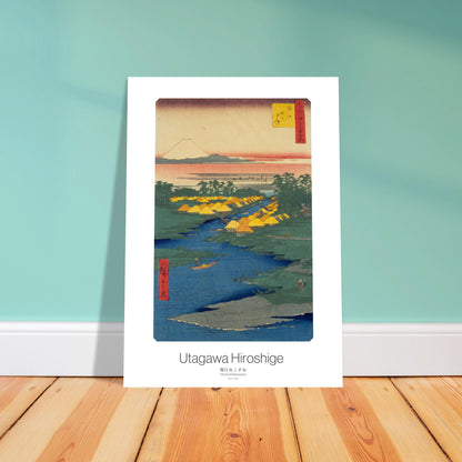 Estampe ukiyo-e Horie et Nekozane avec le Mont Fuji - Hiroshige. Gravure ukiyo-e par Utagawa Hiroshige représentant Horie et Nekozane, avec le Mont Fuji en arrière-plan, une rivière, des maisons et des arbres. Image d'illustration 4