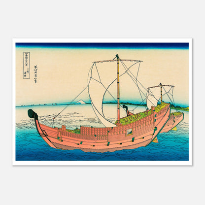 Estampe ukiyo-e La route de la province de Kazusa - Katsushika Hokusai (42x59,4 cm (A2)). Reproduction d'une estampe japonaise de Katsushika Hokusai montrant un grand navire de pêche rose naviguant sur une mer bleue, avec le Mont Fuji à l'horizon.