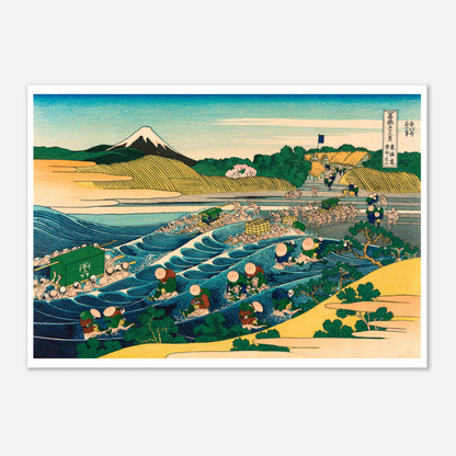 Estampe ukiyo-e Le Fuji depuis Kanaya - Katsushika Hokusai (29,7x42 cm (A3)). Estampe ukiyo-e de Katsushika Hokusai représentant une scène fluviale avec des bateaux transportant des marchandises et des personnes, avec le mont Fuji en arrière-plan.